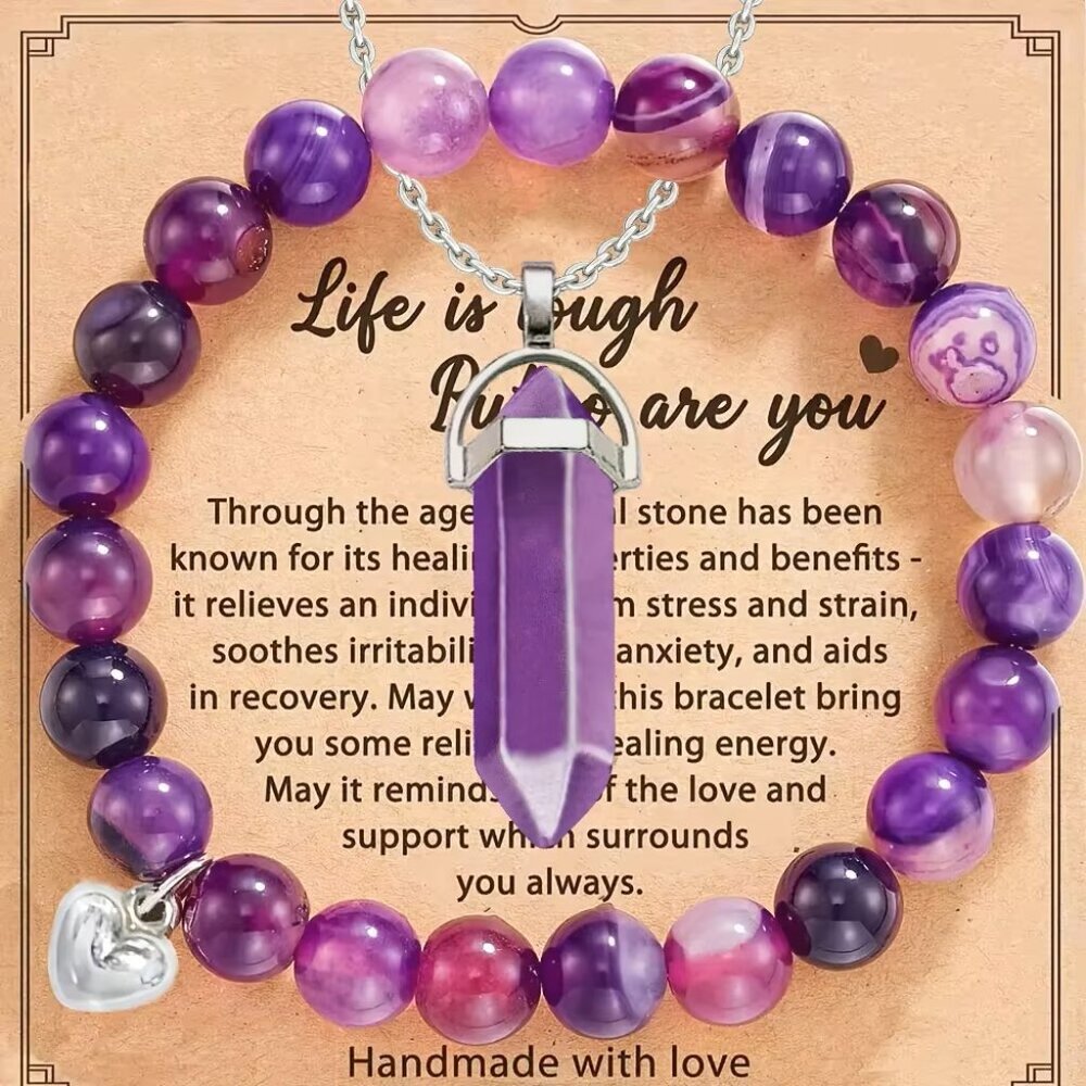 2pcs/set Amethyst Hexagonal Column Necklace and Purple Stripe Agate Bracelet